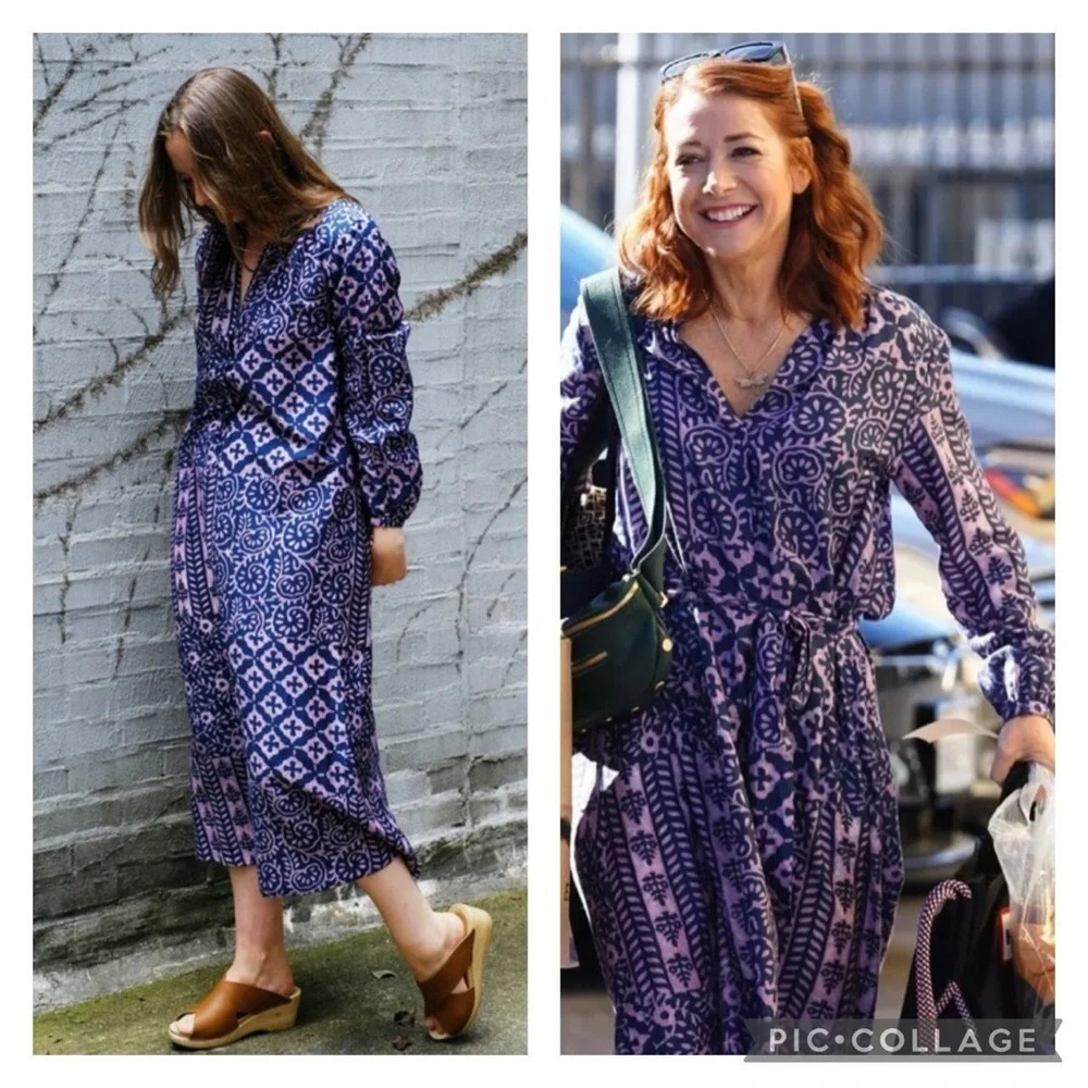 Xirena Jena Maxi Shift Dress Ink Purple Long Sleeve Cotton Silk Blend Pockets XS